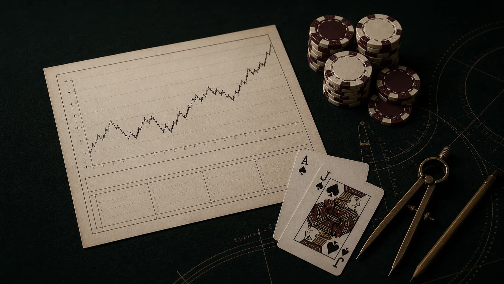 Registro de bankroll de blackjack visto de cima, com curva de variância, cartas, fichas e instrumentos de latão.