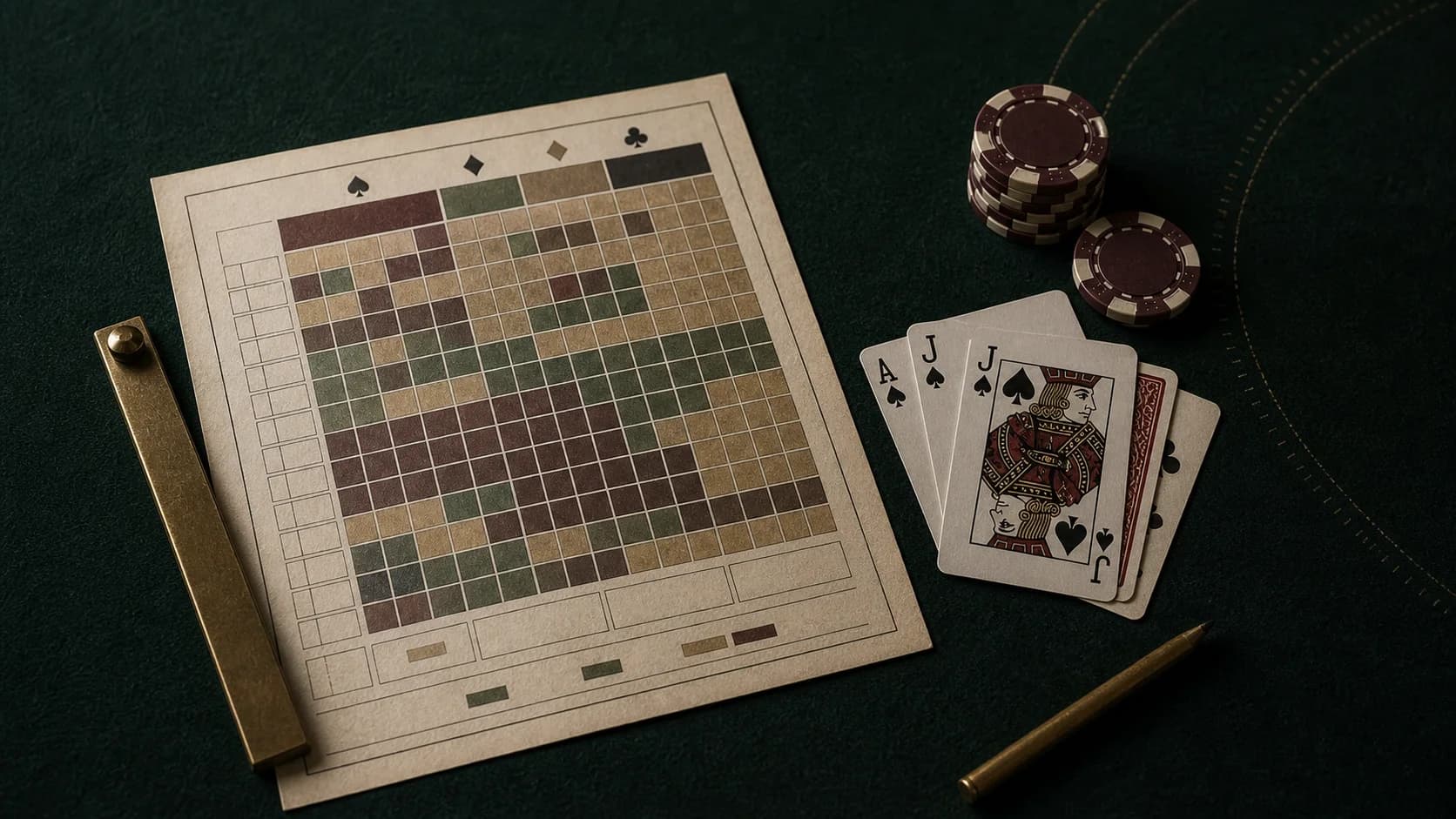Folha de estratégia de blackjack vista de cima, com cartas e fichas sobre feltro verde.