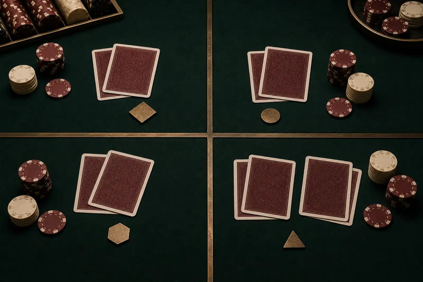 Four blackjack rule families represented by distinct card and chip arrangements.