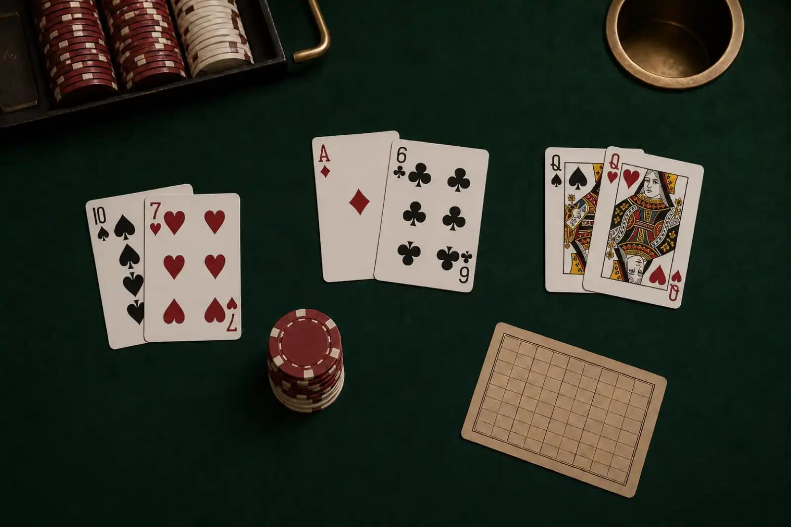 Three blackjack hand groups arranged for a strategy study on dark green felt.