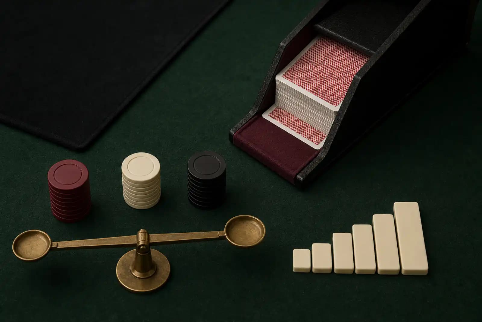 Card shoe, counting tokens, balance beam and deck-depth markers on felt.